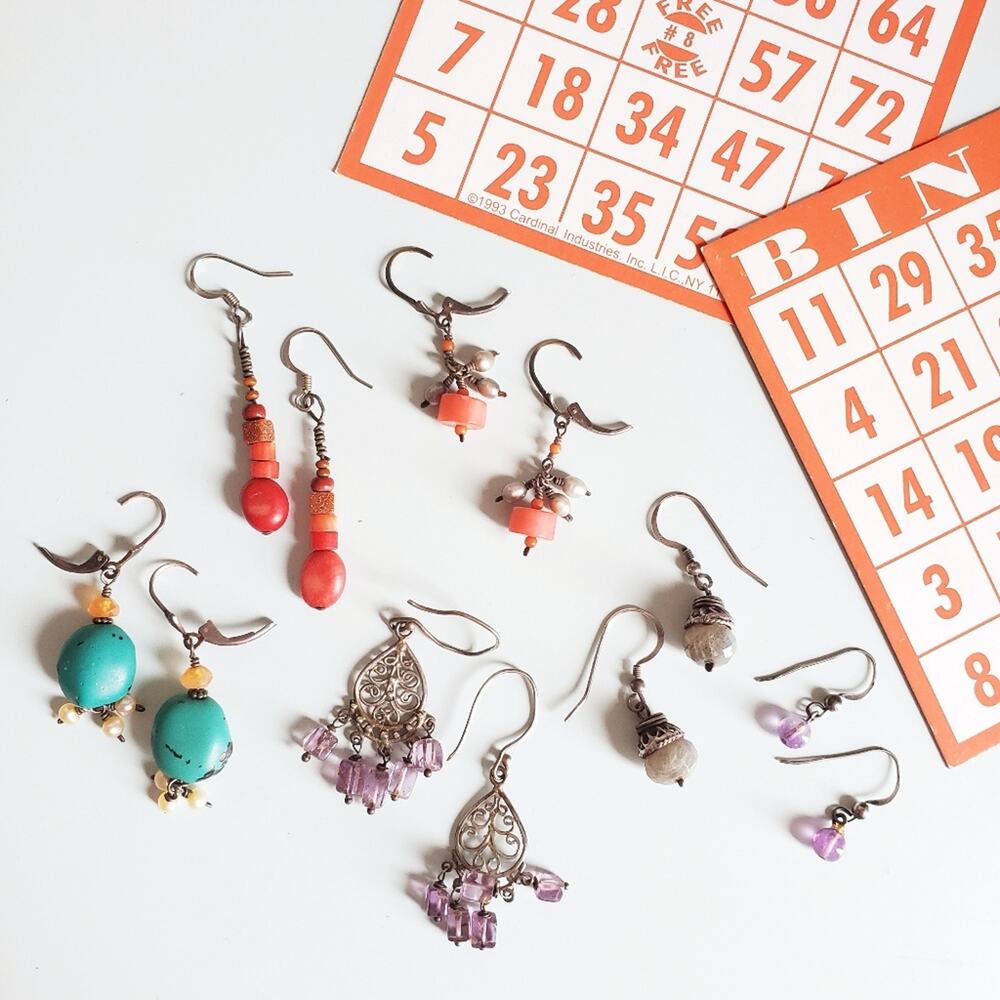 Earring Lot- 6 Pairs, Handmade, Coral, Sterling